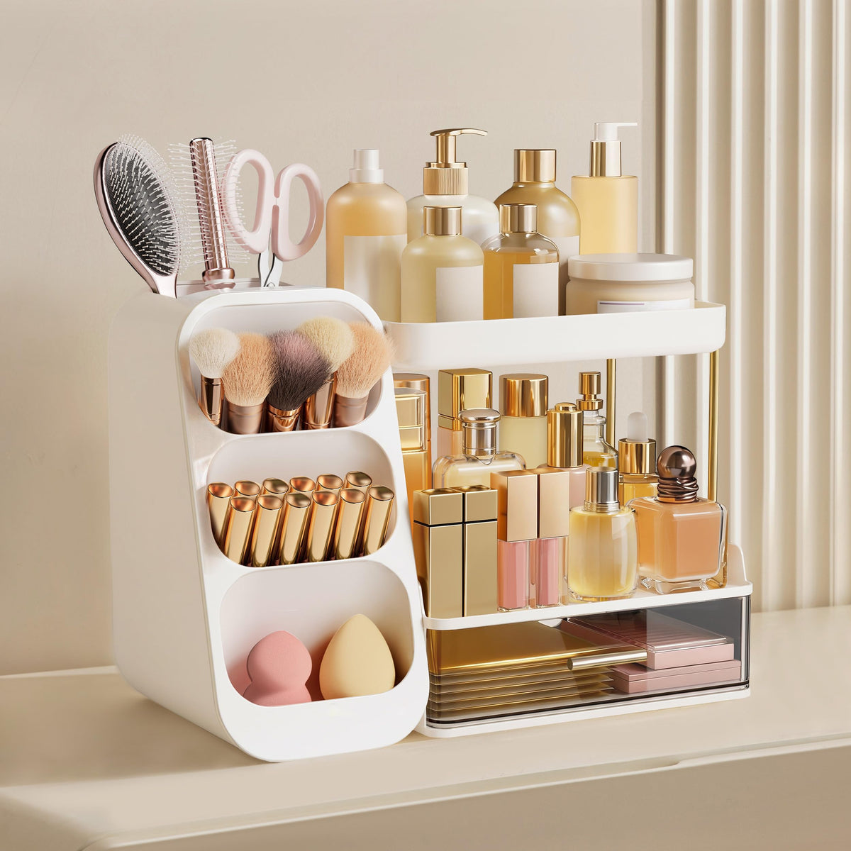 HBlife bathroom organizer side view showing storage compartments