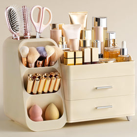HBlife Makeup Organizer beige model front view with brush holder