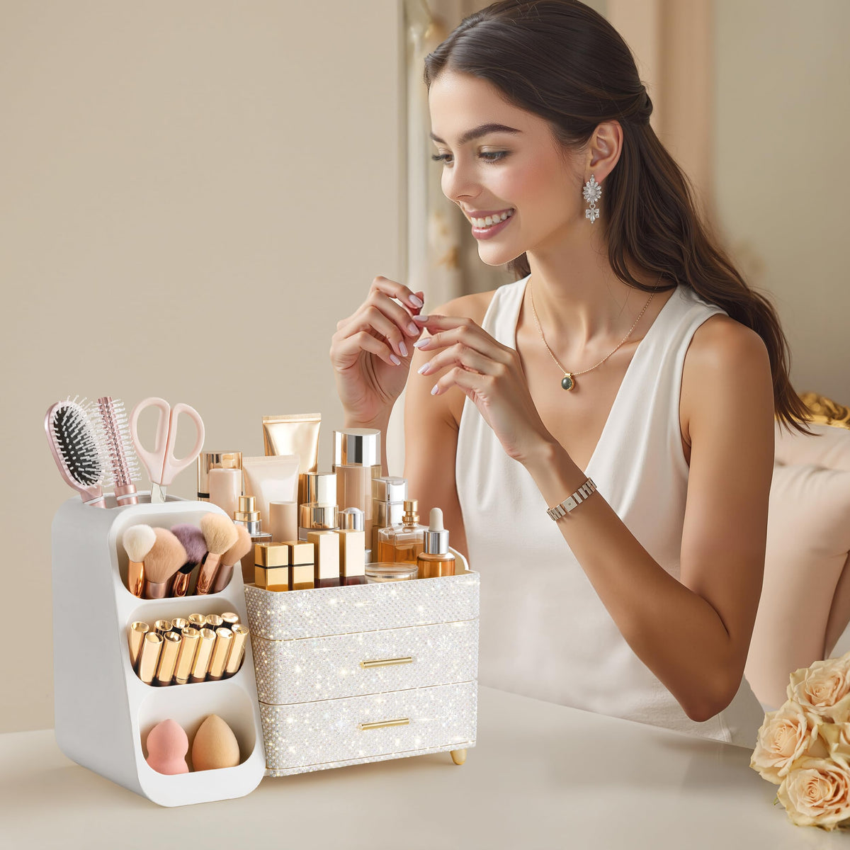 HBlife Makeup Organizer close-up of top compartments