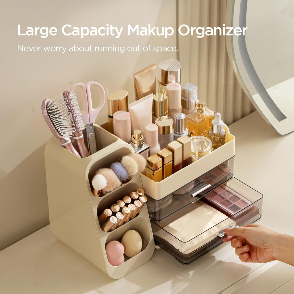 HBlife Makeup Organizer drawers open showing storage