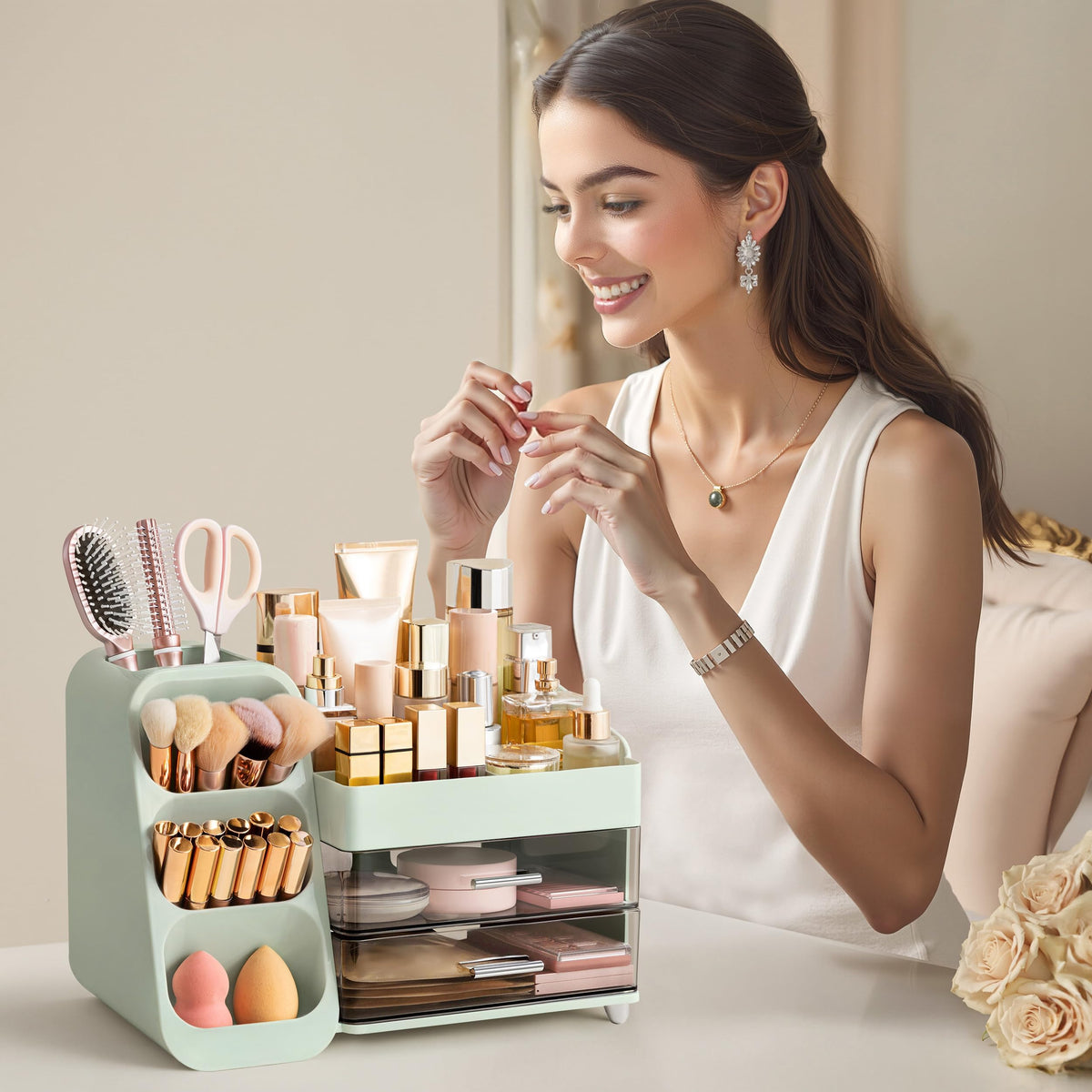 HBlife Makeup Organizer in green colour on a bathroom counter