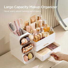 HBlife Makeup Organizer on a vanity with makeup items