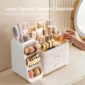 HBlife Makeup Organizer on bathroom counter with makeup items