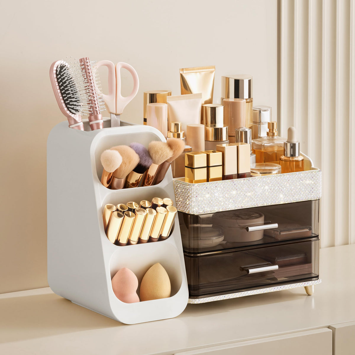 HBlife Makeup Organizer showing two drawers and top compartments