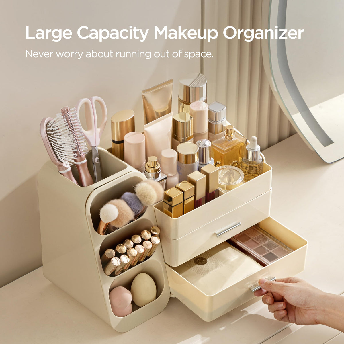 HBlife Makeup Organizer side view showing large compartments