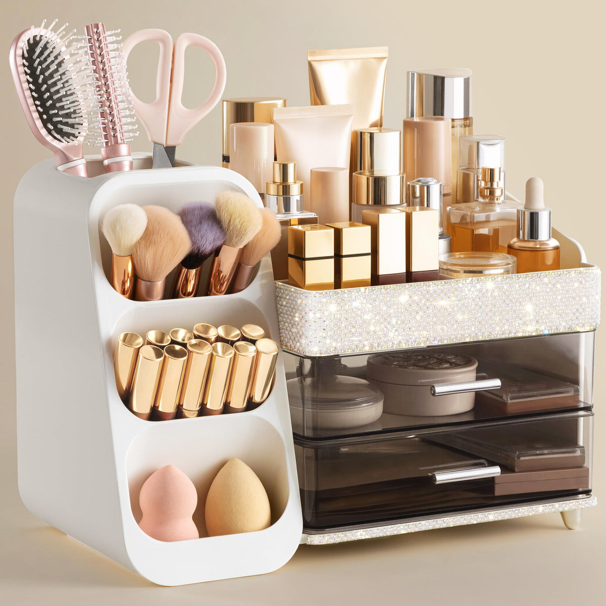 HBlife Makeup Organizer with Brush Holder front view in pearl white
