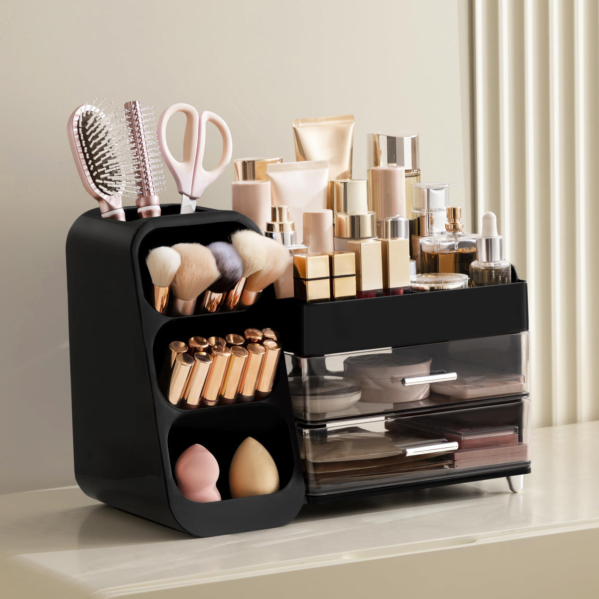 HBlife Makeup Organizer with brushes and cosmetics displayed
