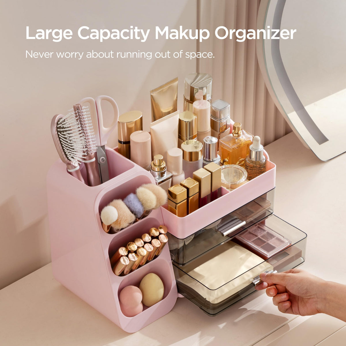 HBlife Makeup Organizer with open drawers displaying storage