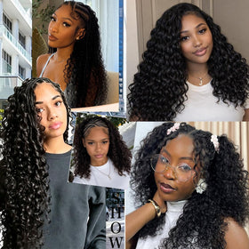 HBNK 18 Inch Miracle Feather Crochet Hair on display with accessories