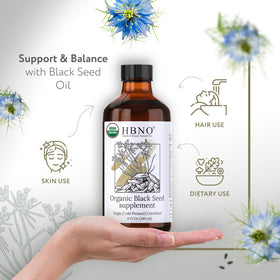 HBNO Organic Black Seed Oil 8oz back view with label details