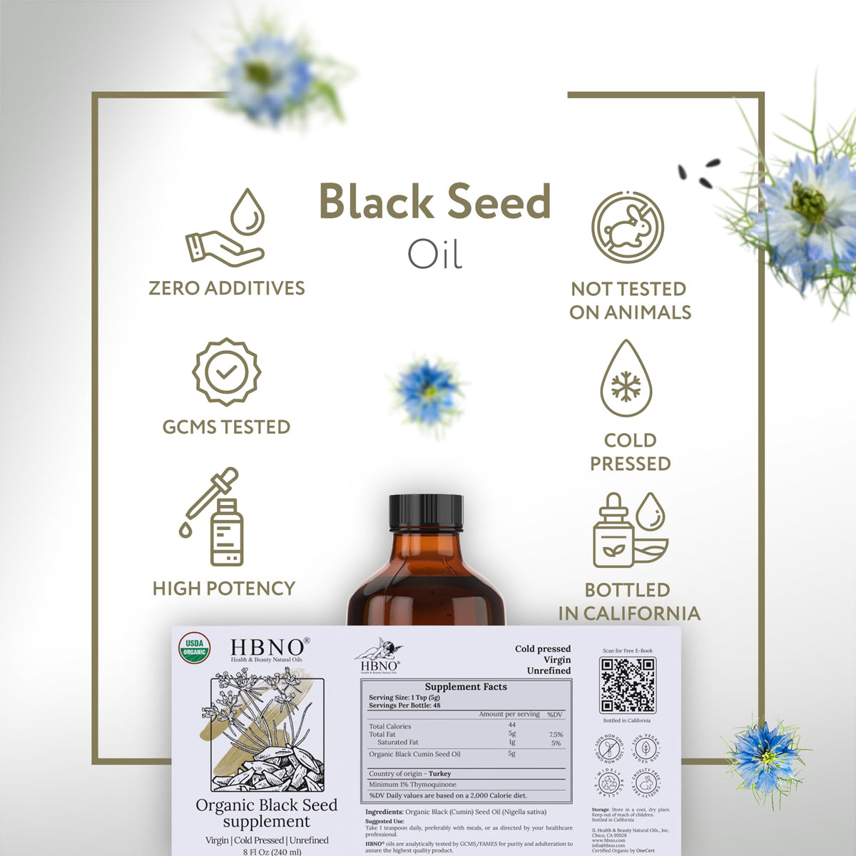 HBNO Organic Black Seed Oil 8oz bottle in a lifestyle setting