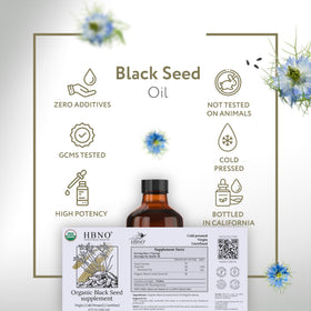 HBNO Organic Black Seed Oil 8oz bottle in a lifestyle setting