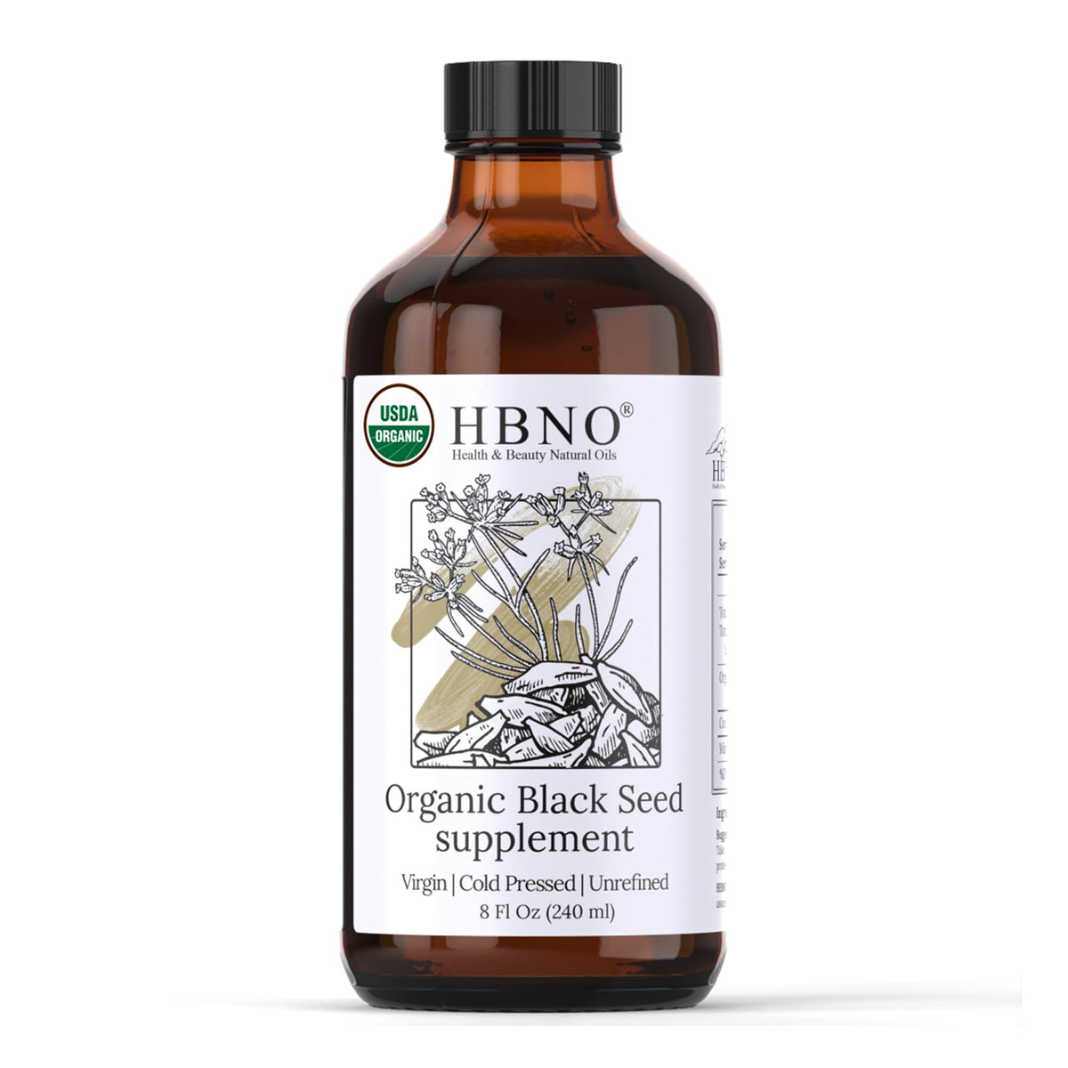 HBNO Organic Black Seed Oil 8oz glass bottle front view