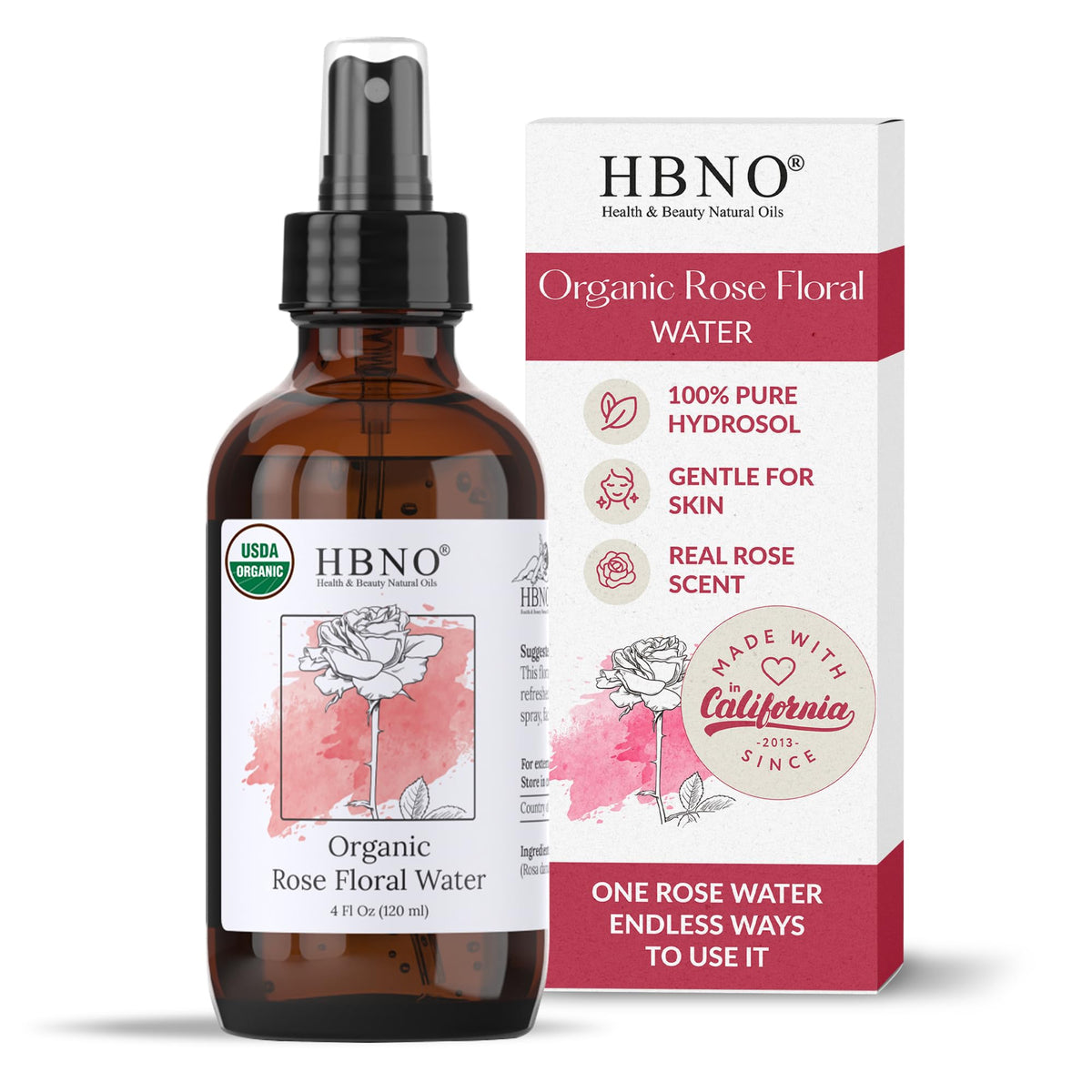 HBNO Organic Rose Water Spray 4 fl oz front view