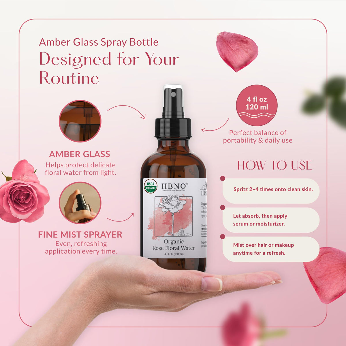 HBNO Organic Rose Water Spray packaging details