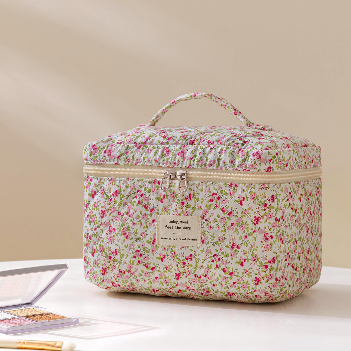 HBselect Quilted Makeup Bag interior view with cosmetics