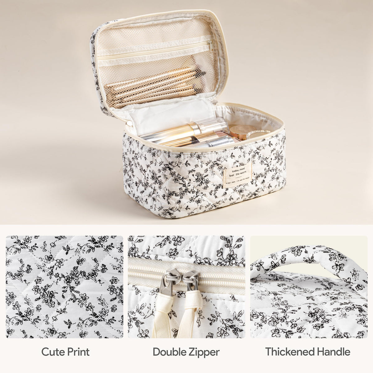 HBselect Quilted Makeup Bag medium size floral design side view