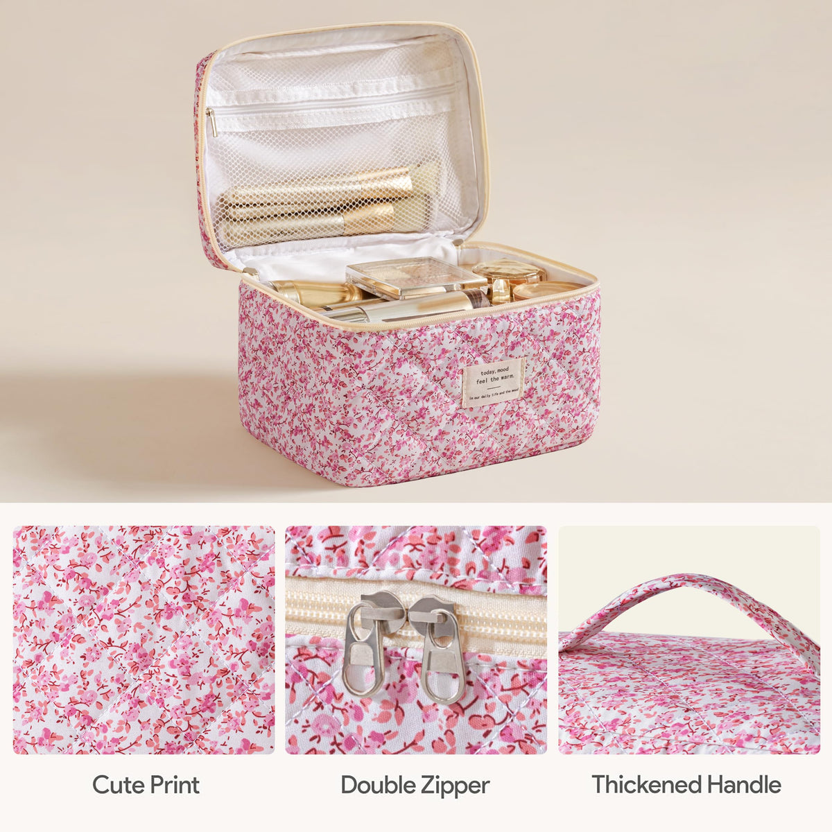 HBselect Quilted Makeup Bag medium size side view with floral design