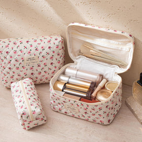 HBselect Quilted Makeup Bag medium size side view with floral pattern