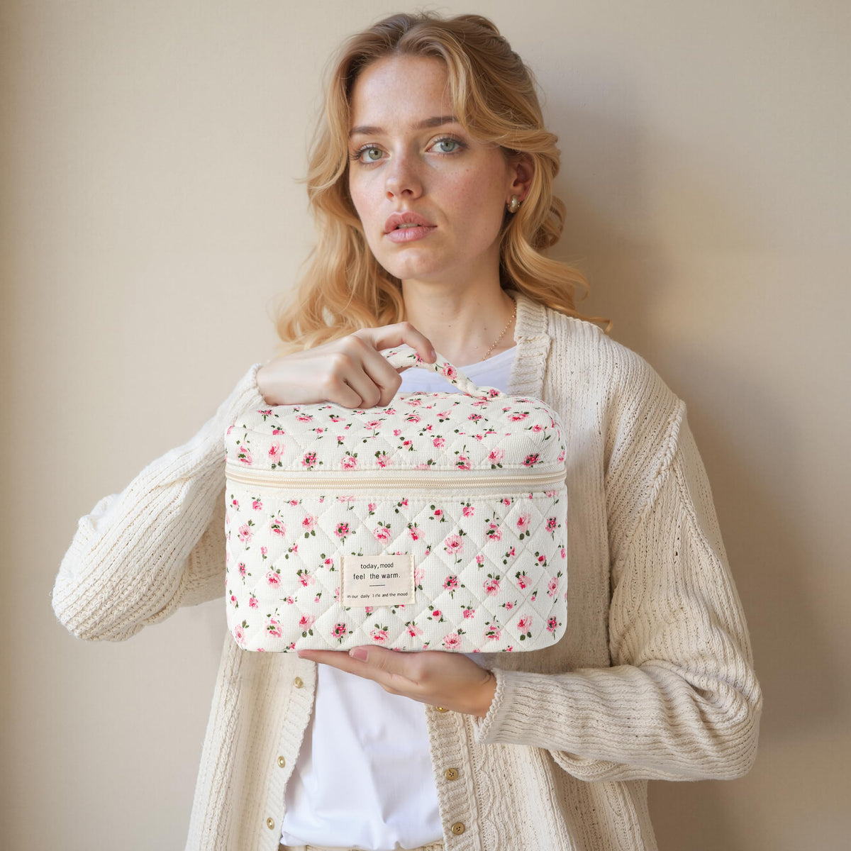 HBselect Quilted Makeup Bag medium size with skincare products