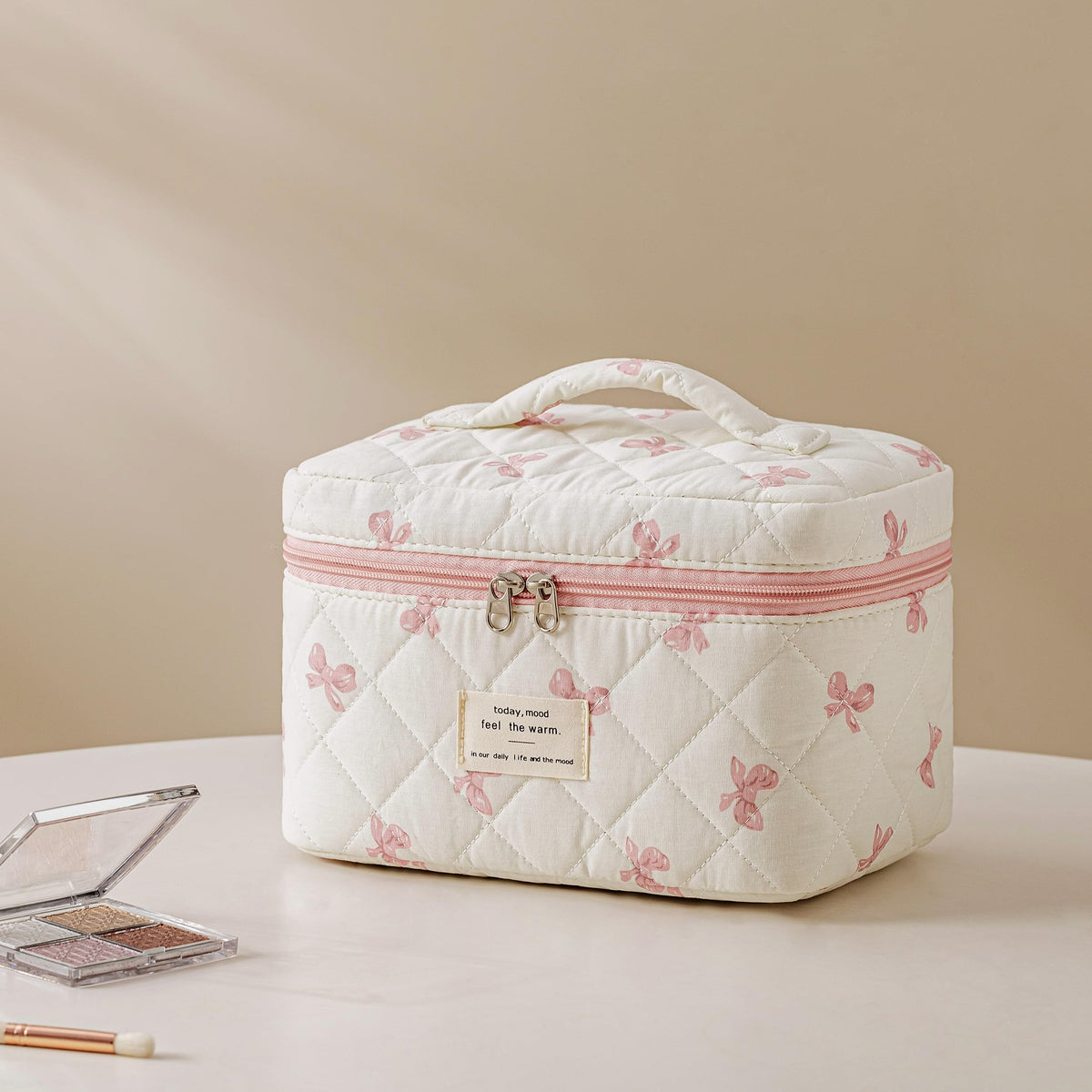 HBselect Quilted Makeup Bag Set arranged with cosmetics