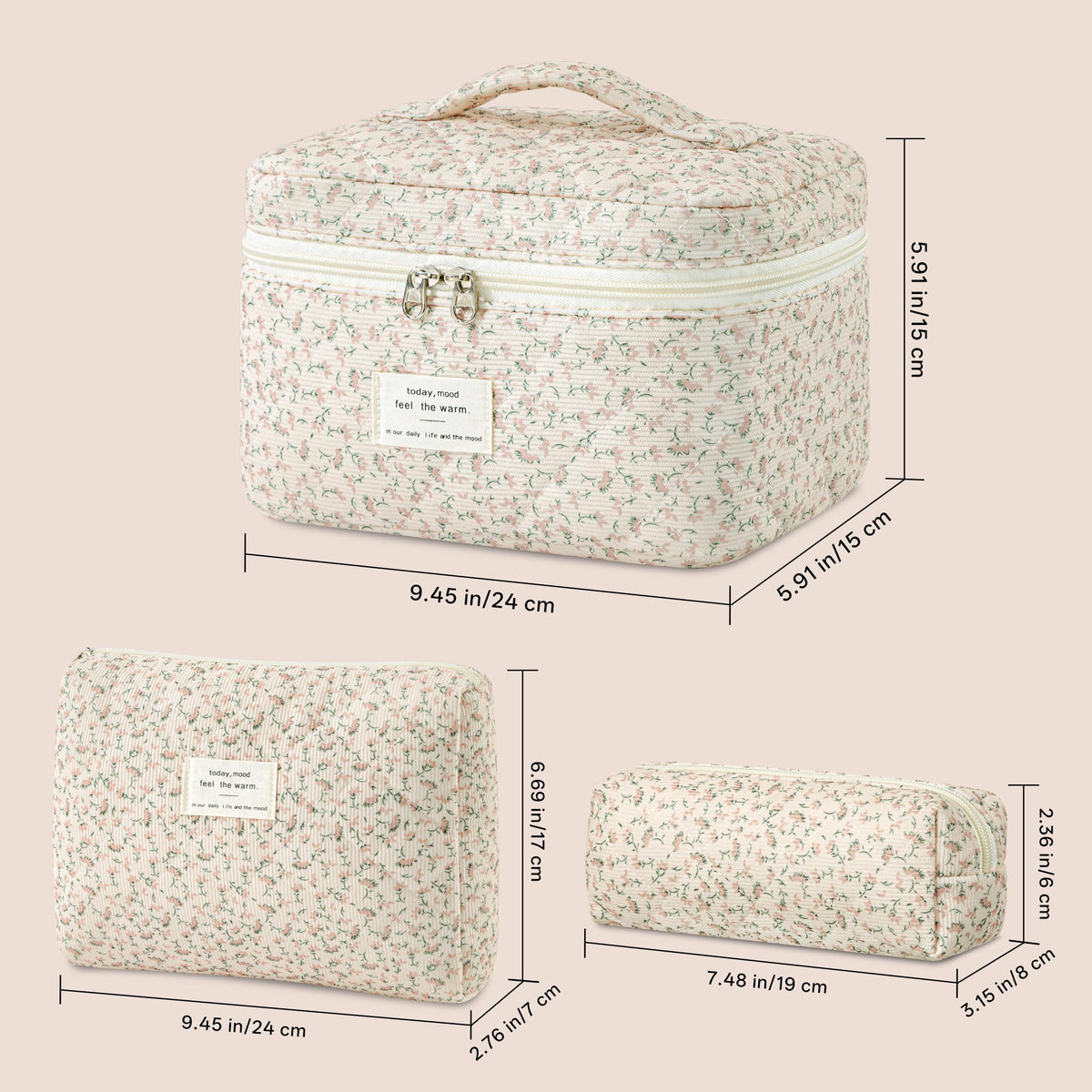 HBselect Quilted Makeup Bag Set detailed view of gold-plated zipper