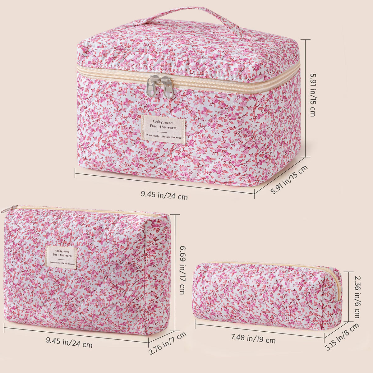 HBselect Quilted Makeup Bag Set displayed in a travel suitcase