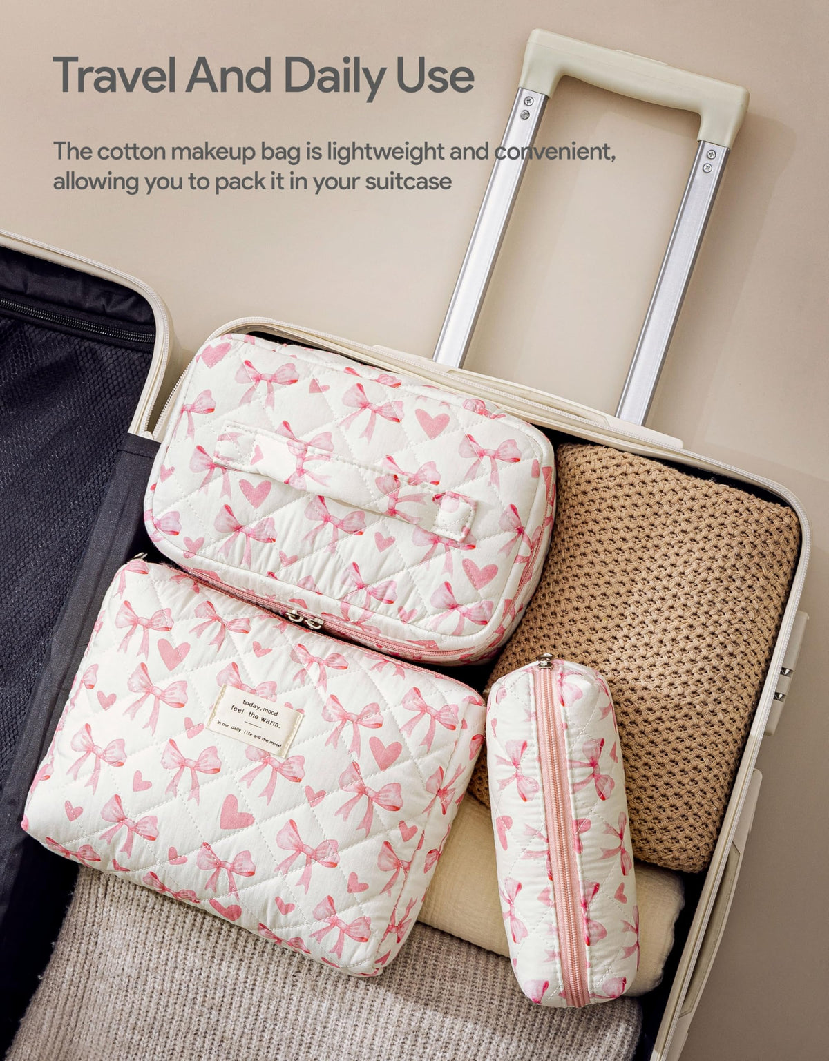 HBselect Quilted Makeup Bag set displayed on a vanity