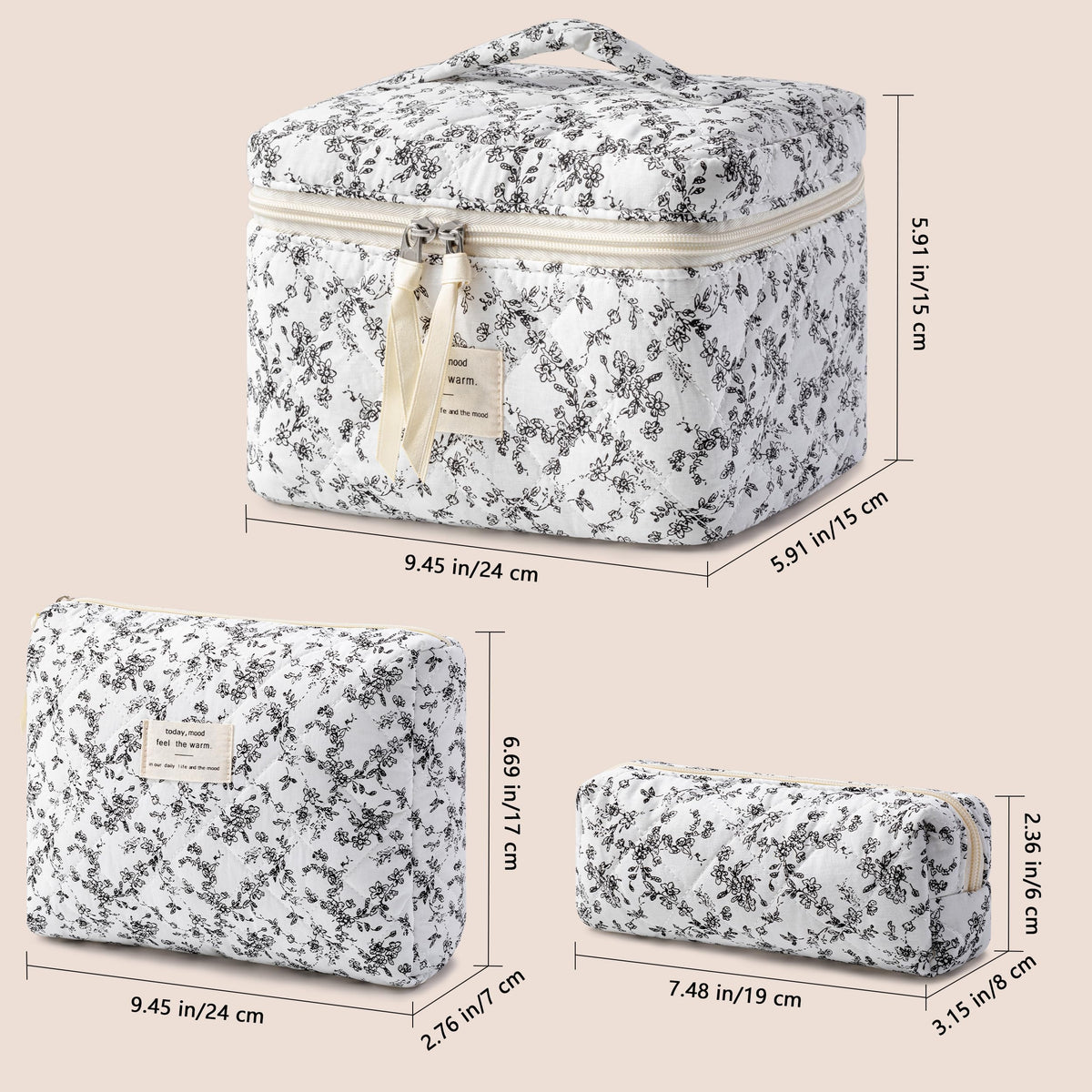 HBselect Quilted Makeup Bag Set displayed on a vanity