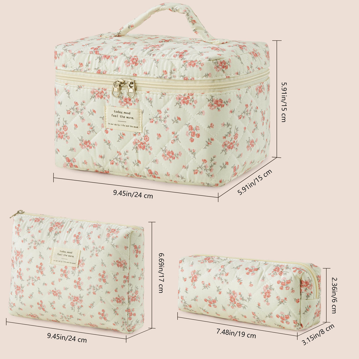 HBselect Quilted Makeup Bag Set displayed with beauty products