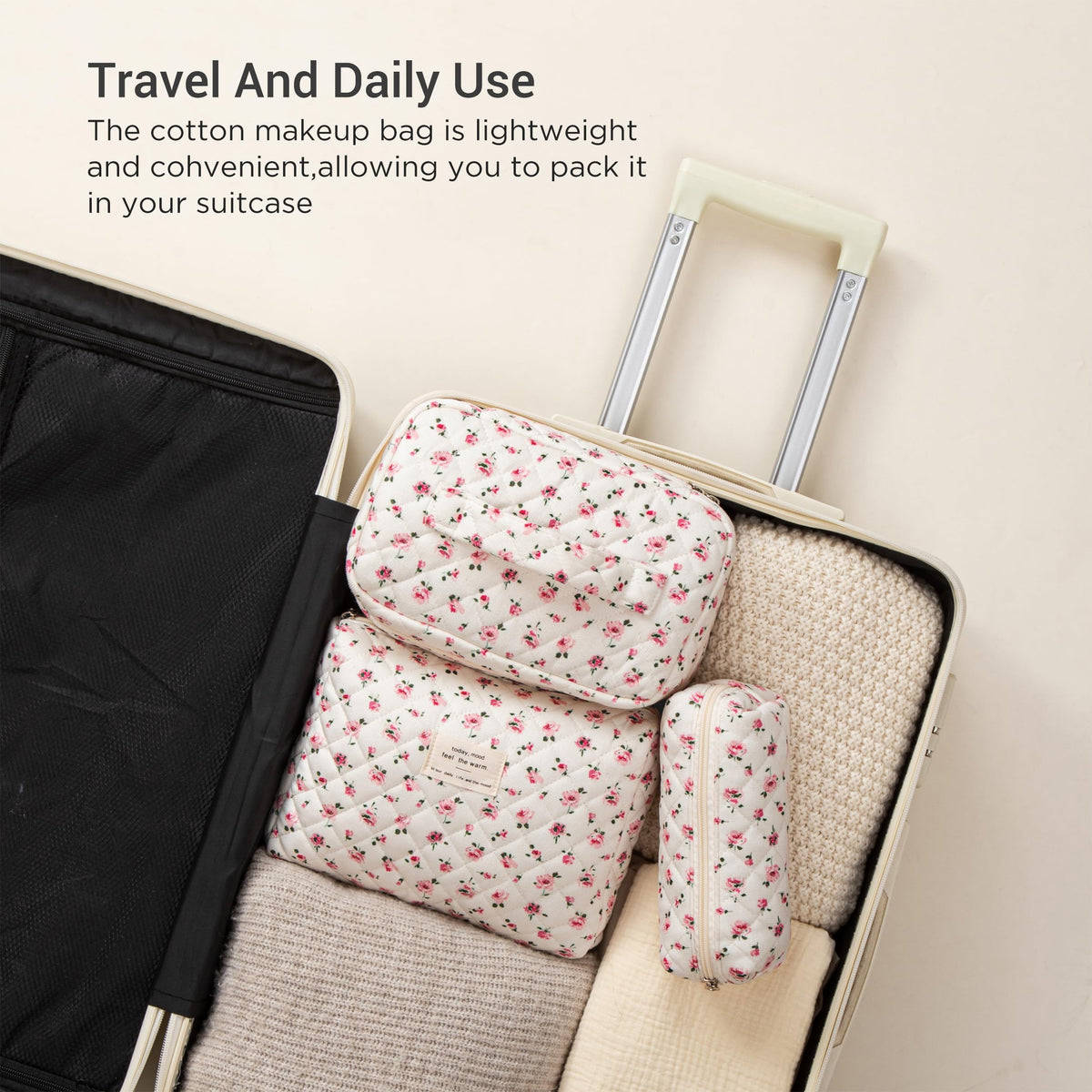 HBselect Quilted Makeup Bag Set displayed with cosmetics