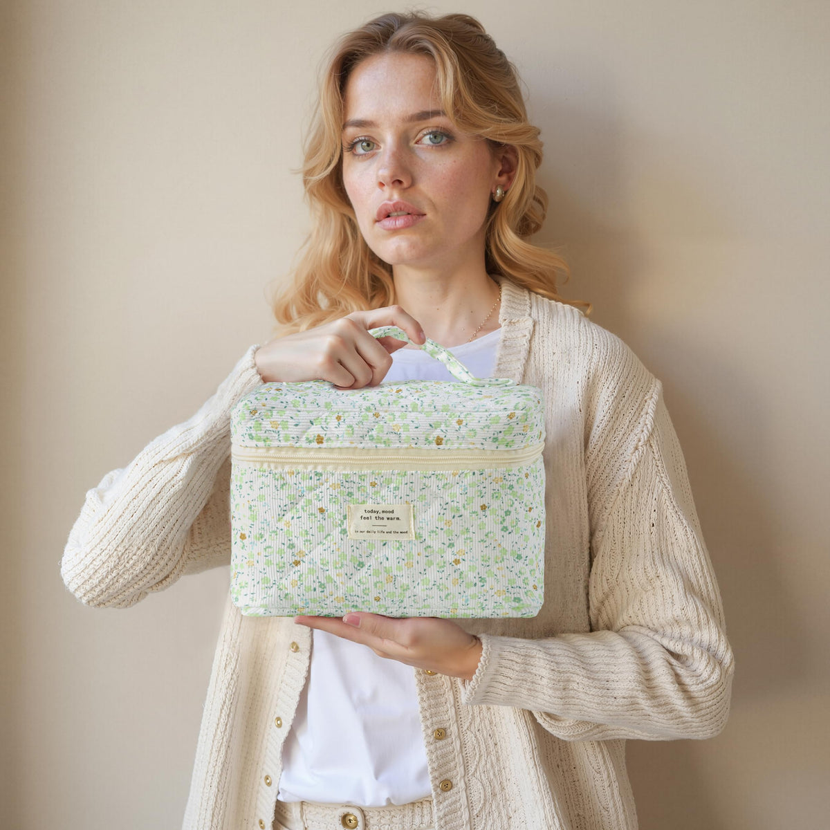 HBselect Quilted Makeup Bag Set floral design displayed on a vanity
