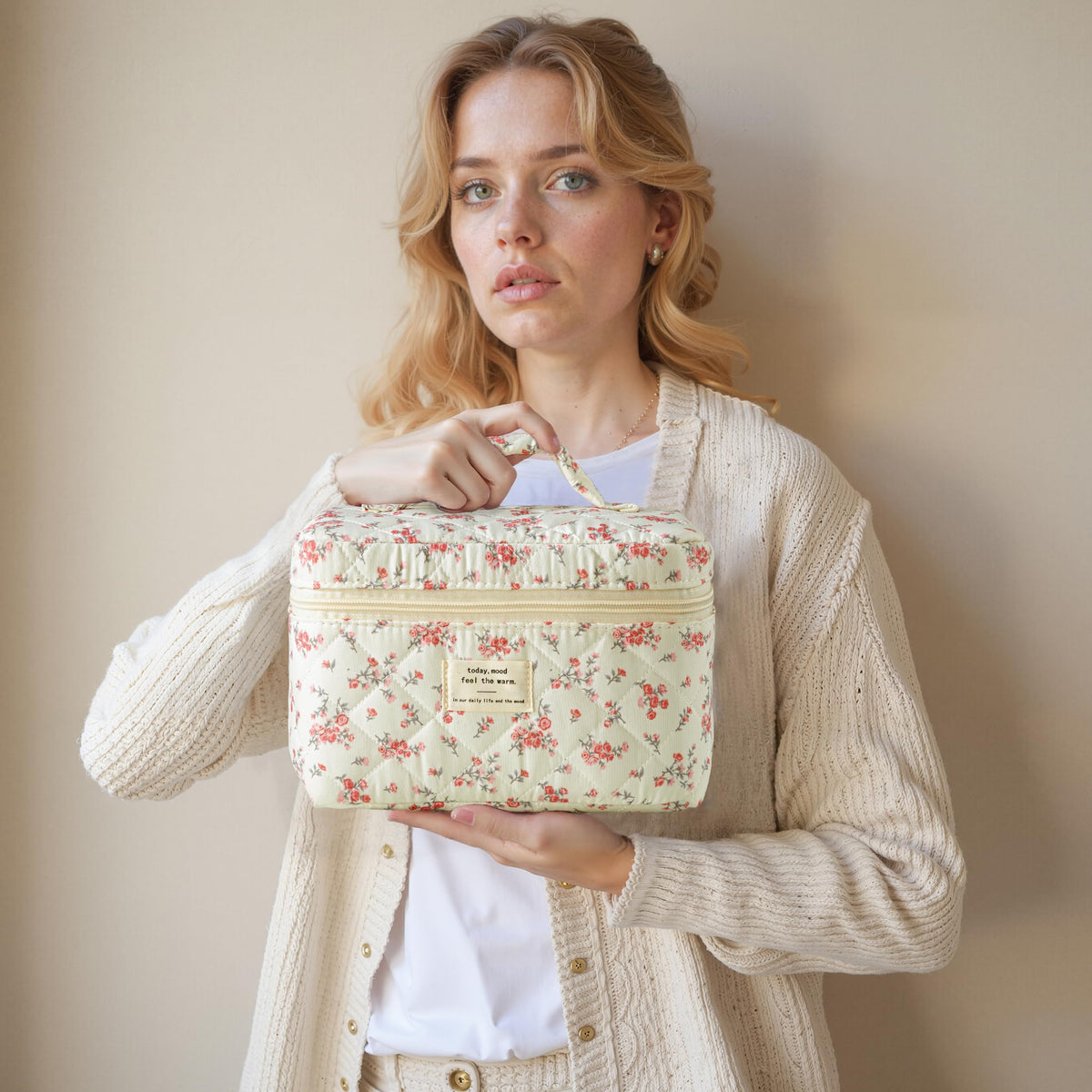 HBselect Quilted Makeup Bag Set folded in a suitcase for travel