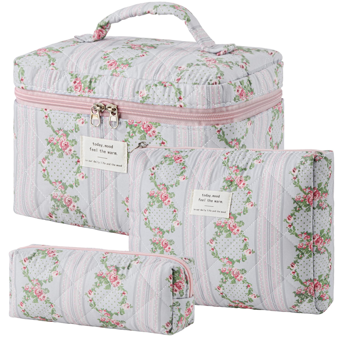 HBselect Quilted Makeup Bag Set front view with floral design