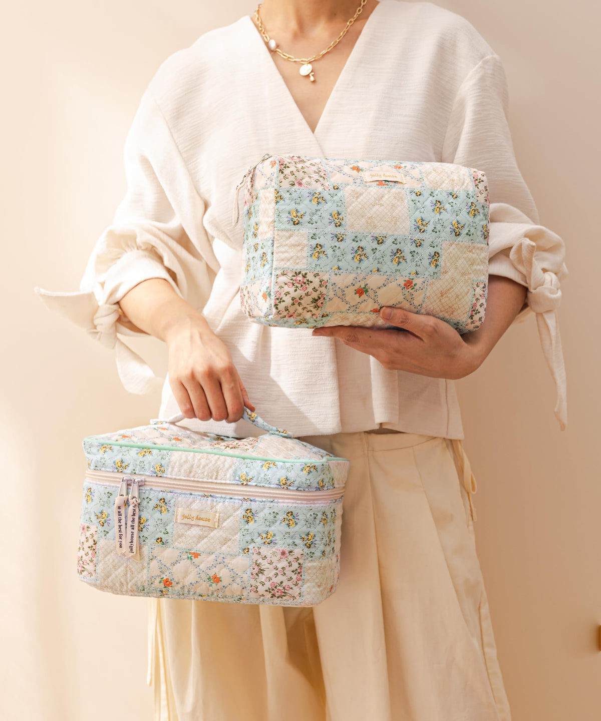 HBselect Quilted Makeup Bag Set in a travel suitcase