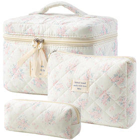 HBselect Quilted Makeup Bag Set in floral design, large size front view