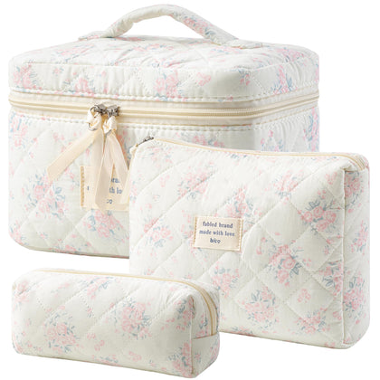 HBselect Quilted Makeup Bag Set in floral design, large size front view
