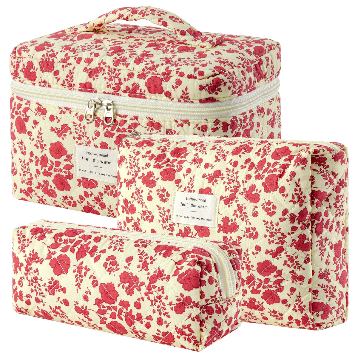 HBselect Quilted Makeup Bag Set including three sizes with floral design