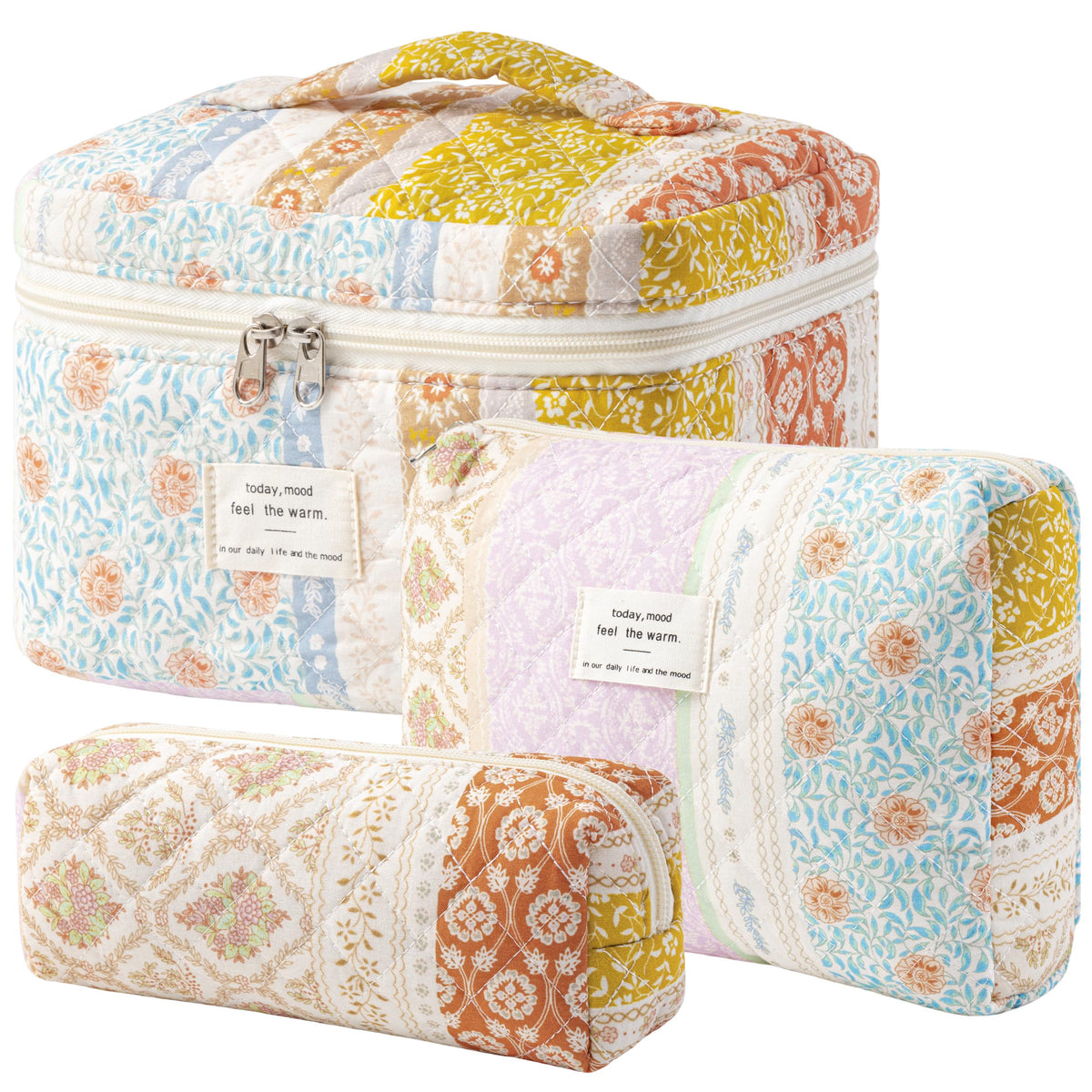 HBselect Quilted Makeup Bag Set large bag front view with floral pattern