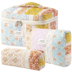 HBselect Quilted Makeup Bag Set large bag front view with floral pattern