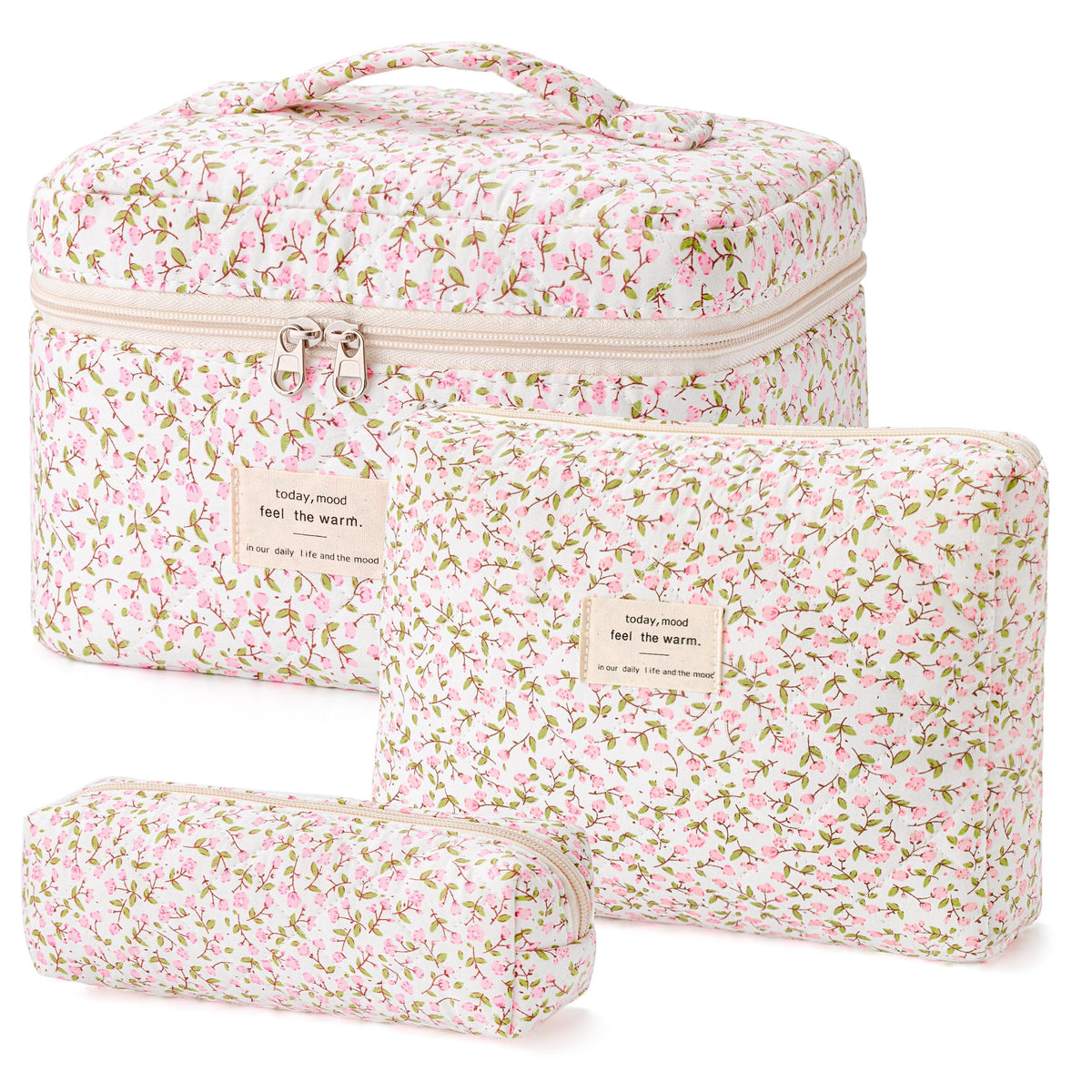 HBselect Quilted Makeup Bag Set large floral design front view