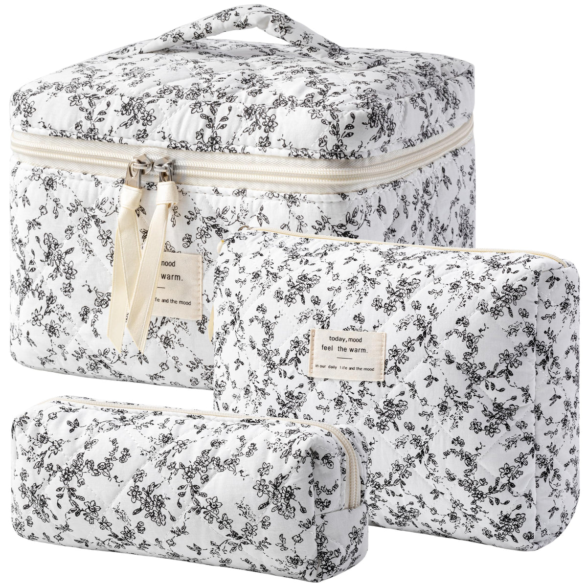 HBselect Quilted Makeup Bag Set large size floral design front view