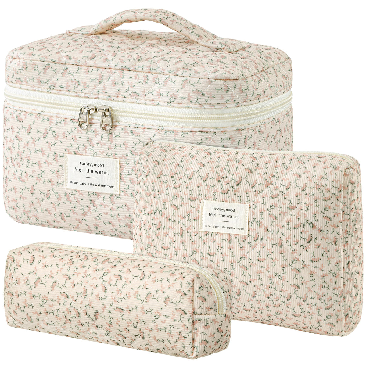HBselect Quilted Makeup Bag Set large size floral pattern front view