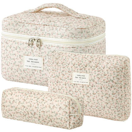HBselect Quilted Makeup Bag Set large size floral pattern front view