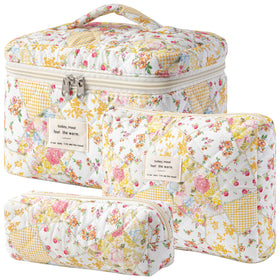 HBselect Quilted Makeup Bag Set large size floral pattern front view
