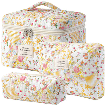 HBselect Quilted Makeup Bag Set large size floral pattern front view