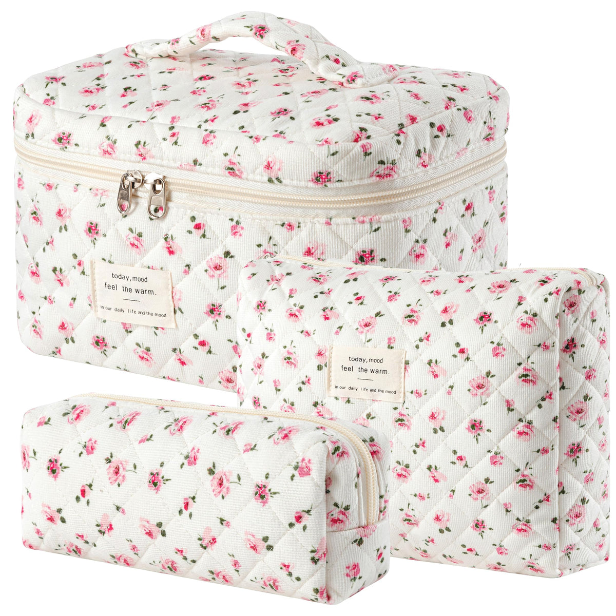 HBselect Quilted Makeup Bag Set large size front view with floral design
