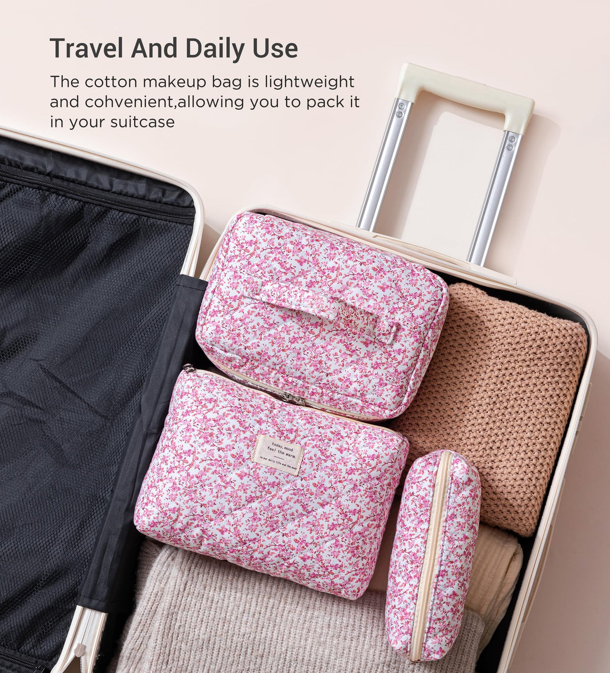 HBselect Quilted Makeup Bag Set showing all three sizes together