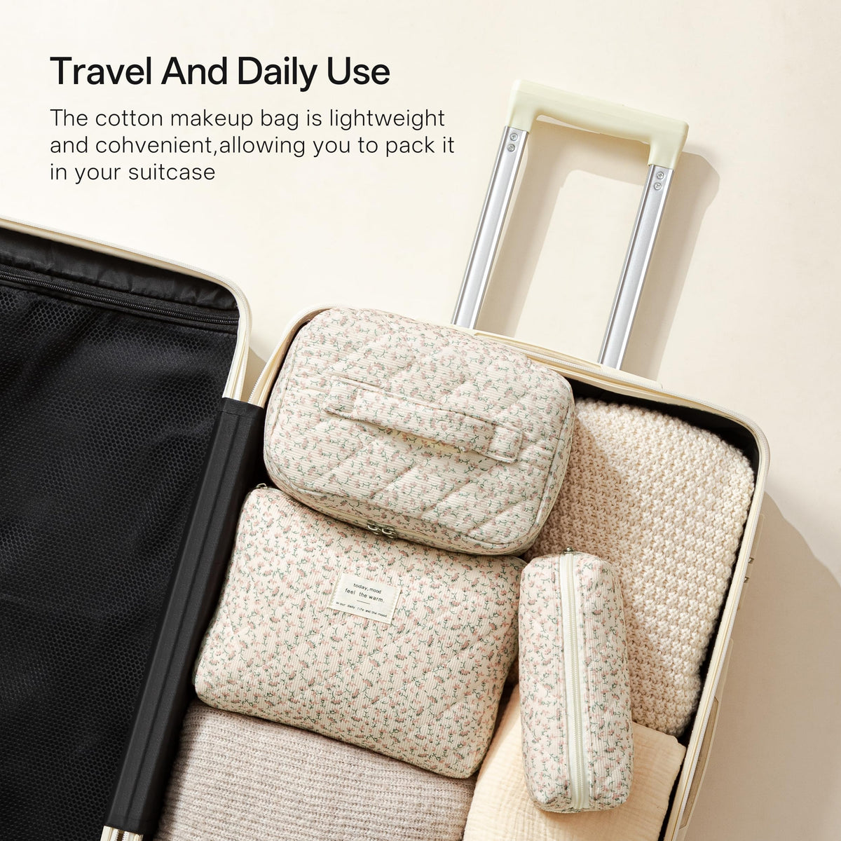 HBselect Quilted Makeup Bag Set showing all three sizes together