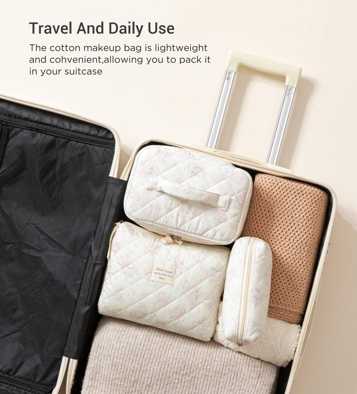 HBselect Quilted Makeup Bag Set showing double zipper detail